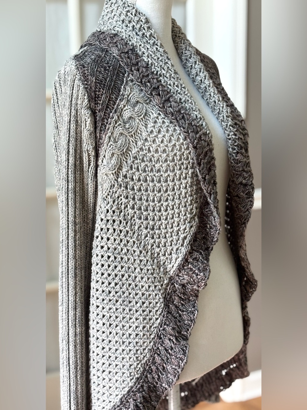 CAbi Shadow Circle Cardigan S 100% Cotton Open Knit Waterfall Boho Neutral - Picture 1 of 11